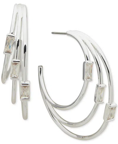 Anne Klein Silver-tone Medium Baguette Cubic Zirconia Triple-row C-hoop Earrings, 1.47" In Crystal