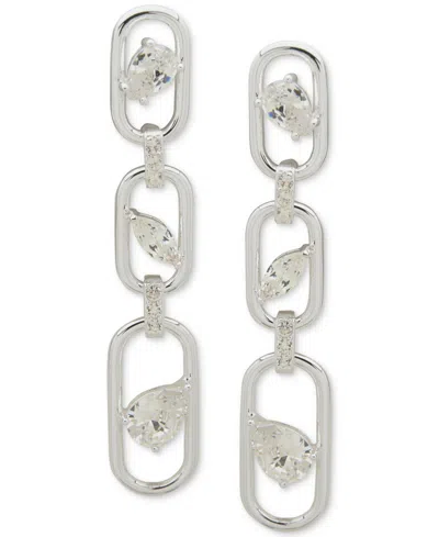 Anne Klein Silver-tone Pave & Mixed-cut Stone Link Triple Drop Earrings In Crystal