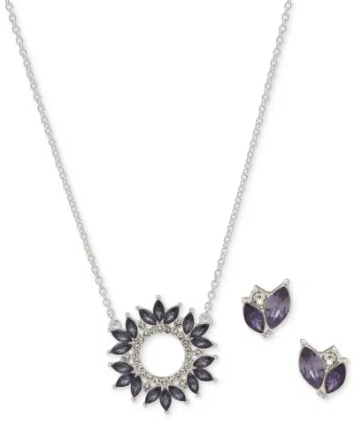 Anne Klein Silver-tone Pave & Stone Pendant Necklace & Stud Earrings Set In Purple