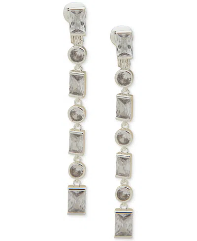 Anne Klein Silver-tone Round & Baguette Cubic Zirconia Clip-on Linear Drop Earrings In Crystal
