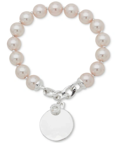 Anne Klein Silver-tone Round Charm Drop Stretch Bracelet In Pink