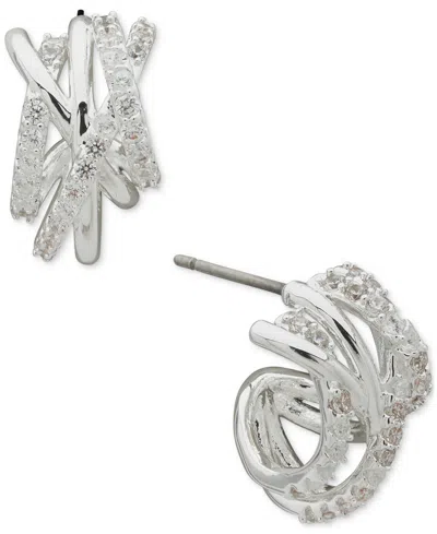 Anne Klein Silver-tone Small Pave Criss Cross Huggie Hoop Earrings, 0.63" In Transparent