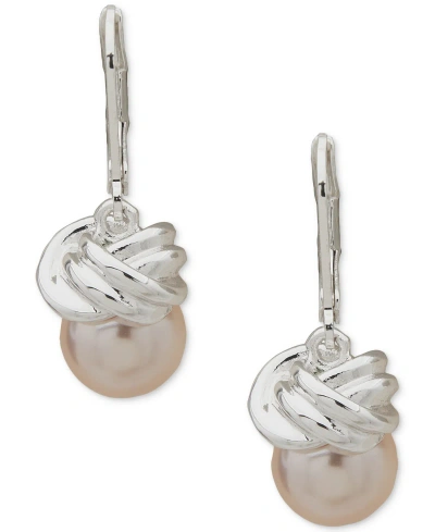 Anne Klein Silver-tone Twisted Top Color Imitation Pearl Drop Earrings In Pink