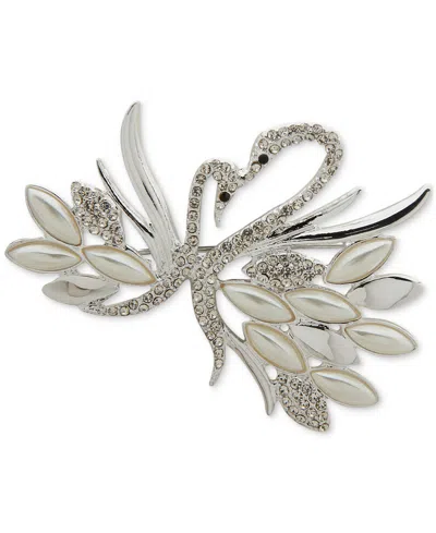 Anne Klein Silver-tone White Imitation Pearl Crystal Swan Pin