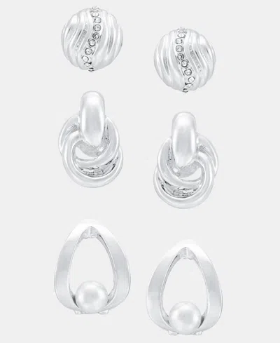 Anne Klein Silver-tone Fluted Dome Textured Faux Pearl Earrings, Set Of 3