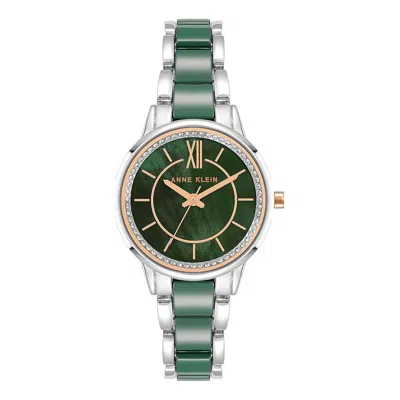 Anne Klein Silver-tone Green Mother-of-pearl Crystal Bezel Ladies Watch In Gold
