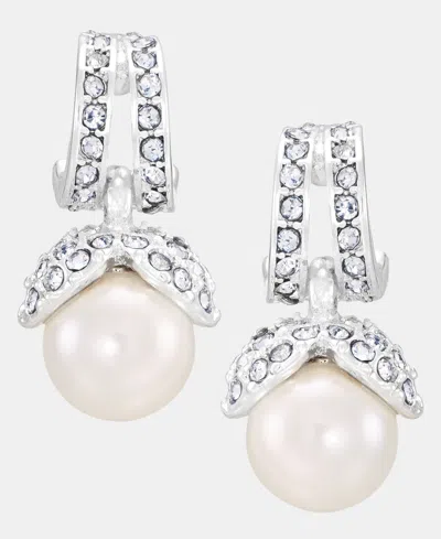 Anne Klein Silver-tone Huggie Imitation Pearl Stone Drop Earrings In Metallic