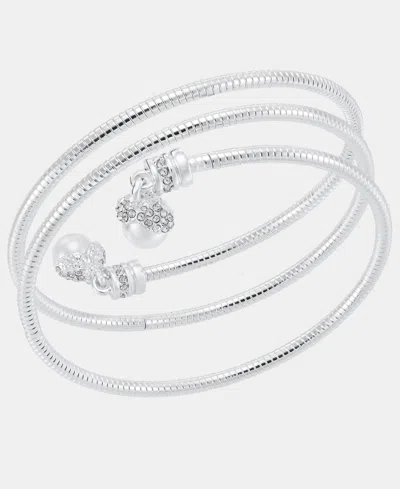 Anne Klein Silver-tone Imitation Pearl Crystal Coil Bracelet In Metallic