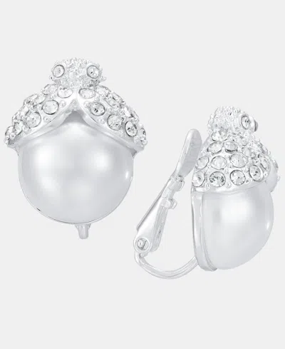 Anne Klein Silver-tone Imitation Pearl Stone Button Ez Comfort Clip Earrings In Metallic