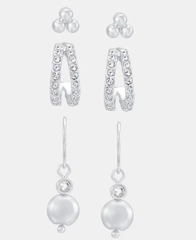 Anne Klein Silver-tone Stud, Hoop And Drop Earrings, Set Of 3 In Metallic