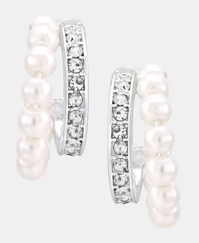 Anne Klein Silver-tone Two-row Imitation Pearl Huggie Earrings In White