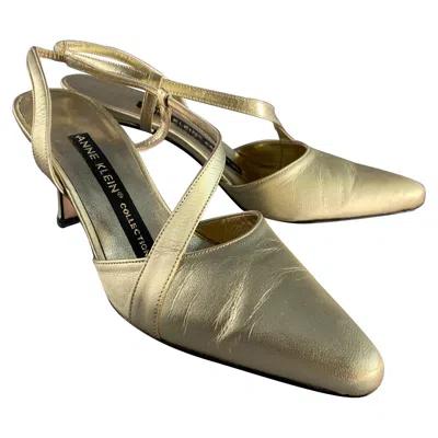 Pre-owned Anne Klein Size 6.5 Gold Leather Ankle Strap Pumps In Brown