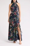 Anne Klein Printed Mesh Asymmetrical Ruffle Hem Maxi Dress In Distant Mountain Multi