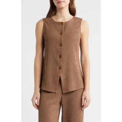 Anne Klein Sleeveless Knit Button-up Shirt In Brown
