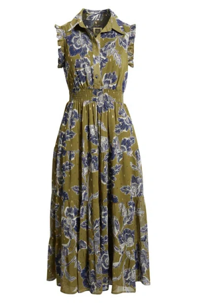 Anne Klein Sleeveless Metallic Floral Print Shirtdress In Green
