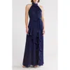 Anne Klein Sleeveless Tie Waist Asymmetric Ruffle Maxi Dress In Distant Mountain