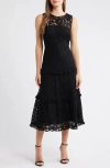 Anne Klein Sleeveless Tiered Ruffle Lace Midi Dress In Black