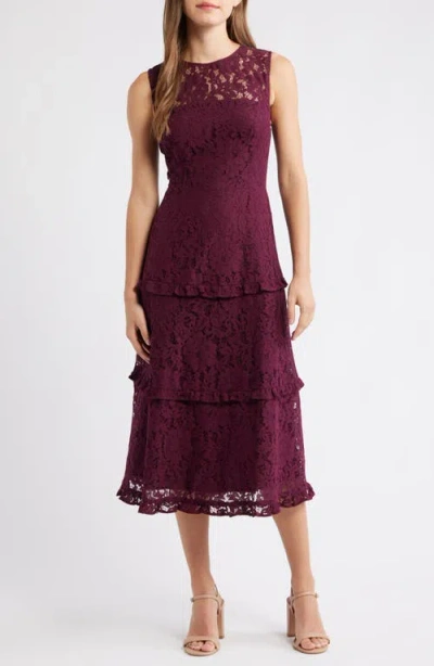 Anne Klein Sleeveless Tiered Ruffle Lace Midi Dress In Burgundy