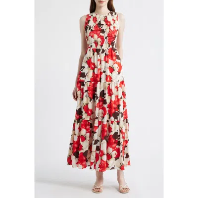 Anne Klein Smocked Bodice Sleeveless Flared Maxi Dress In Multi