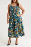 Anne Klein Smocked Bodice Sleeveless Tiered Maxi Dress In Blue