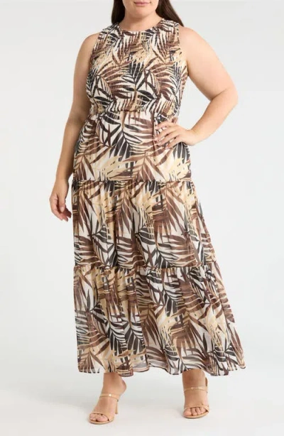 Anne Klein Smocked Bodice Tiered Maxi Dress In Brown