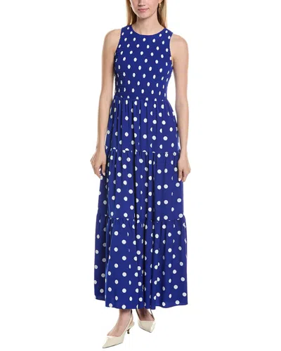 Anne Klein Smocked Bodice Tiered Midi Dress In Santorini Blue,bright White