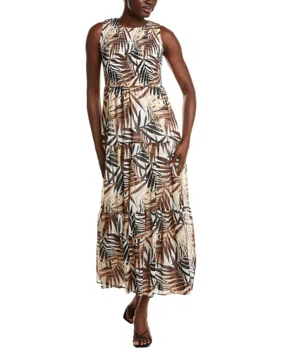 Anne Klein Smocked Printed Midi Dress In Brown