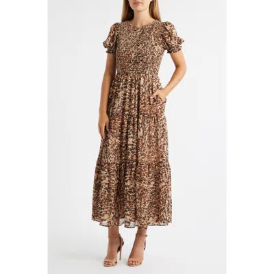 Anne Klein Smocked Puff Sleeve Maxi Dress In Multi