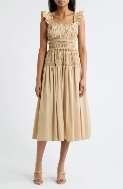 Anne Klein Smocked Ruffle Trim Midi Dress In Neutral