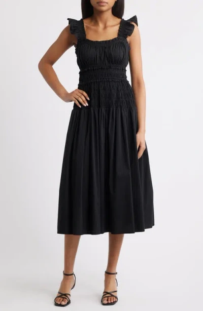Anne Klein Smocked Ruffle Trim Midi Dress In Black