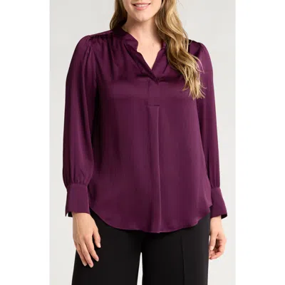 Anne Klein Split Neck Textured Woven Tunic Top In Deep Plum