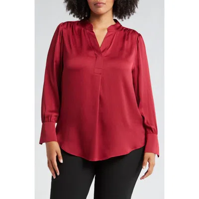 Anne Klein Split Neck Textured Woven Tunic Top In Titian Red