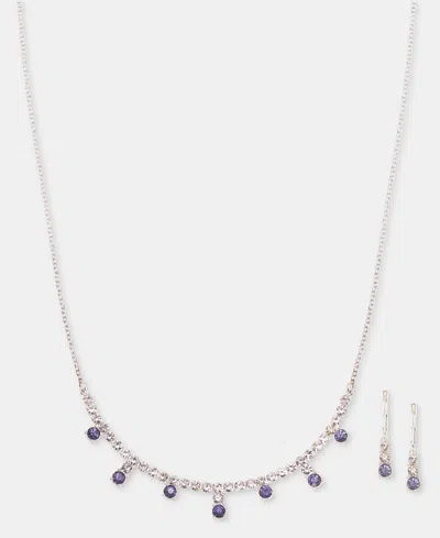 Anne Klein Stone Cup Chain Statement Necklace & Earrings Set In Purple