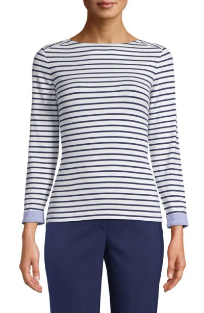 Anne Klein Stripe Contrast Cuff Top In Blue
