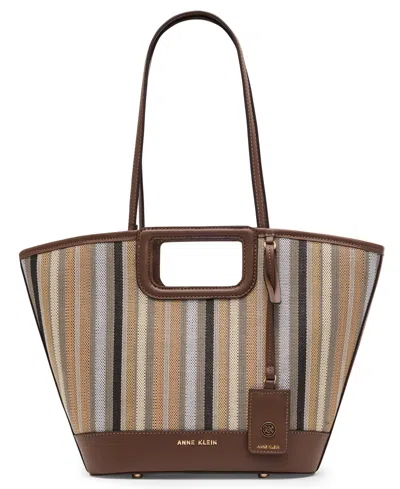 Anne Klein Stripe Cut Out Small Handle Tote Handbag In Brown