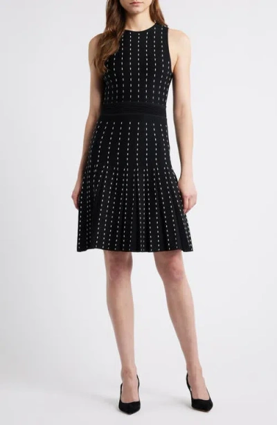 Anne Klein Stripe Pintuck Fit & Flare Dress In Black