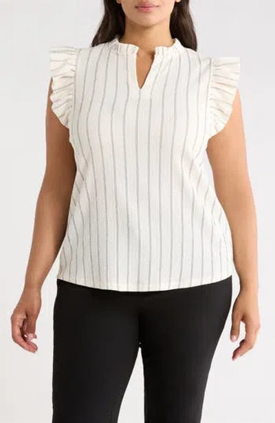 Anne Klein Striped Ruffle Neck Flutter Sleeve Top In White Dove/anneblack