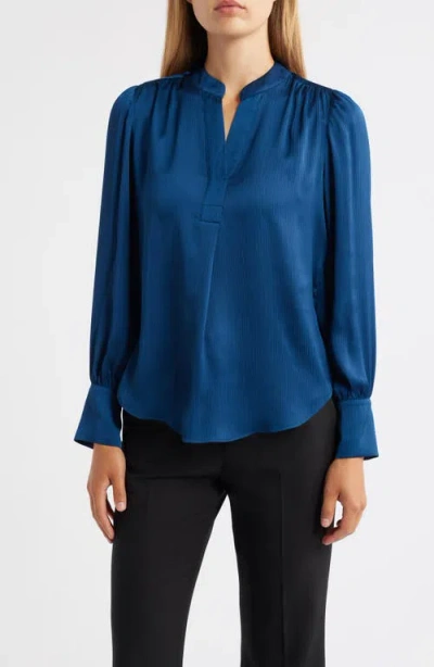 Anne Klein Textured Crepe Long Sleeve Top In Blue