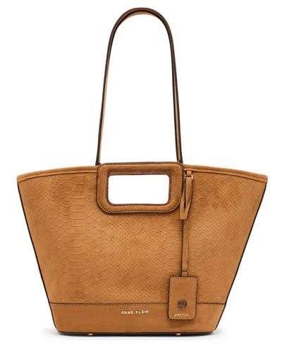 Anne Klein Textured Faux Suede Small Cut Out Handle Tote Handbag In Brown
