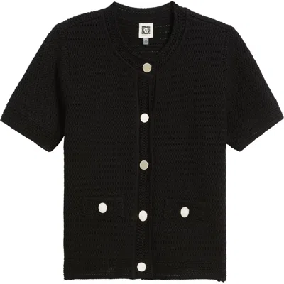 Anne Klein Textured Stitch Short Sleeve Cotton Cardigan In Black