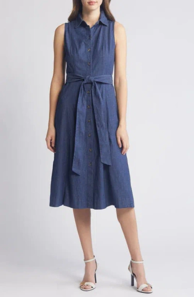 Anne Klein Tie Belt Denim Shirtdress In Indigo - Dark Wash