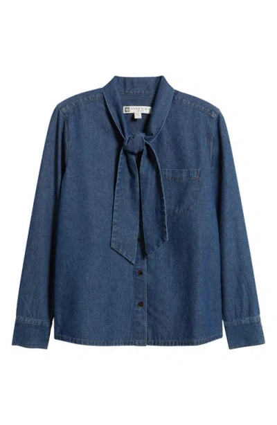 Anne Klein Tie Neck Denim Shirt In Blue