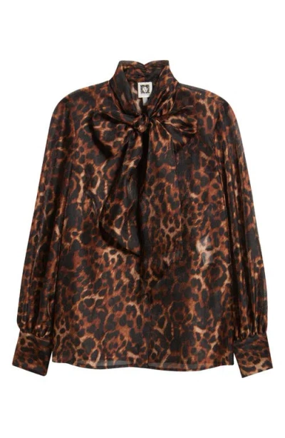 Anne Klein Tie Neck Leopard Print Top In Animal Print
