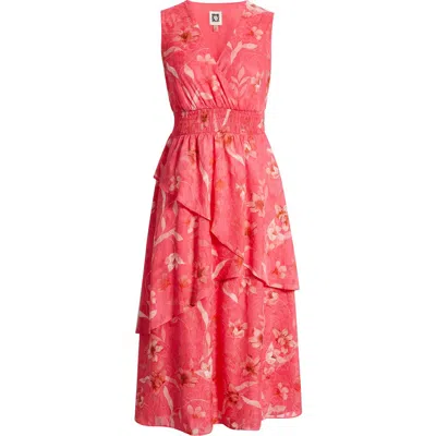 Anne Klein Tiered Asymmetric Midi Dress In Red