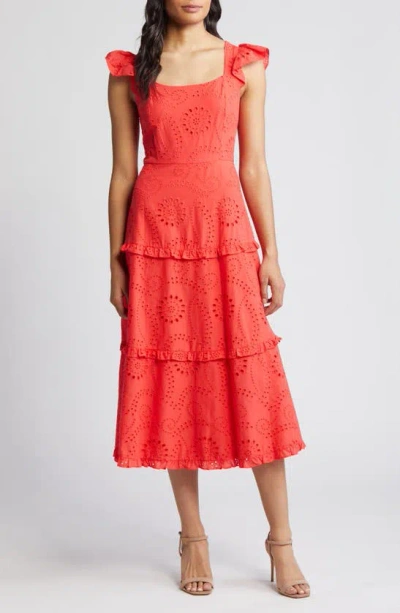 Anne Klein Tiered Cotton Eyelet Midi Sundress In Hibiscus Red