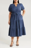 Anne Klein Petite Puff-sleeve Tiered Denim Midi Dress In Blue