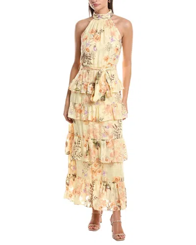 Anne Klein Tiered Halter Ruffle Chiffon Floral Maxi Dress In Yellow