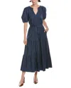Anne Klein Petite Puff-sleeve Tiered Denim Midi Dress In Blue
