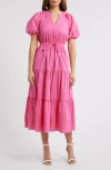 Anne Klein Tiered Puff Sleeve Midi Dress In Carmine Rose