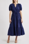 Anne Klein Petite Puff-sleeve Tiered Denim Midi Dress In Blue